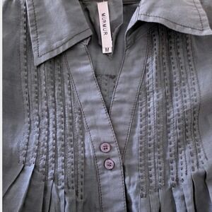 Murmur Olive Green Silk Cotton Blend Pintuck Long Tab Sleeves Button Blouse Sz M
